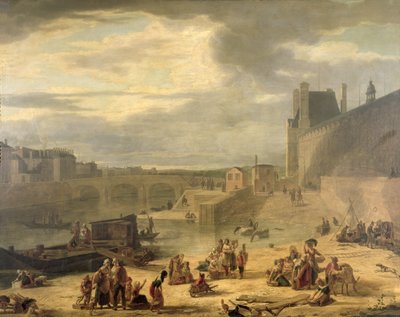 Uitzicht op de Grote Galerij van het Louvre, de Tuilerieën en de Pont Royal, c.1795 door J.F. De Pelchin